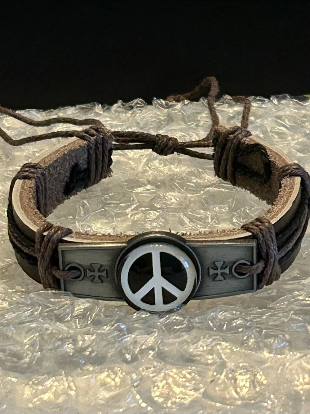 Men's Brown or Black Leather Peace Sign Adjustable Bracelet wAntique Metal Plate